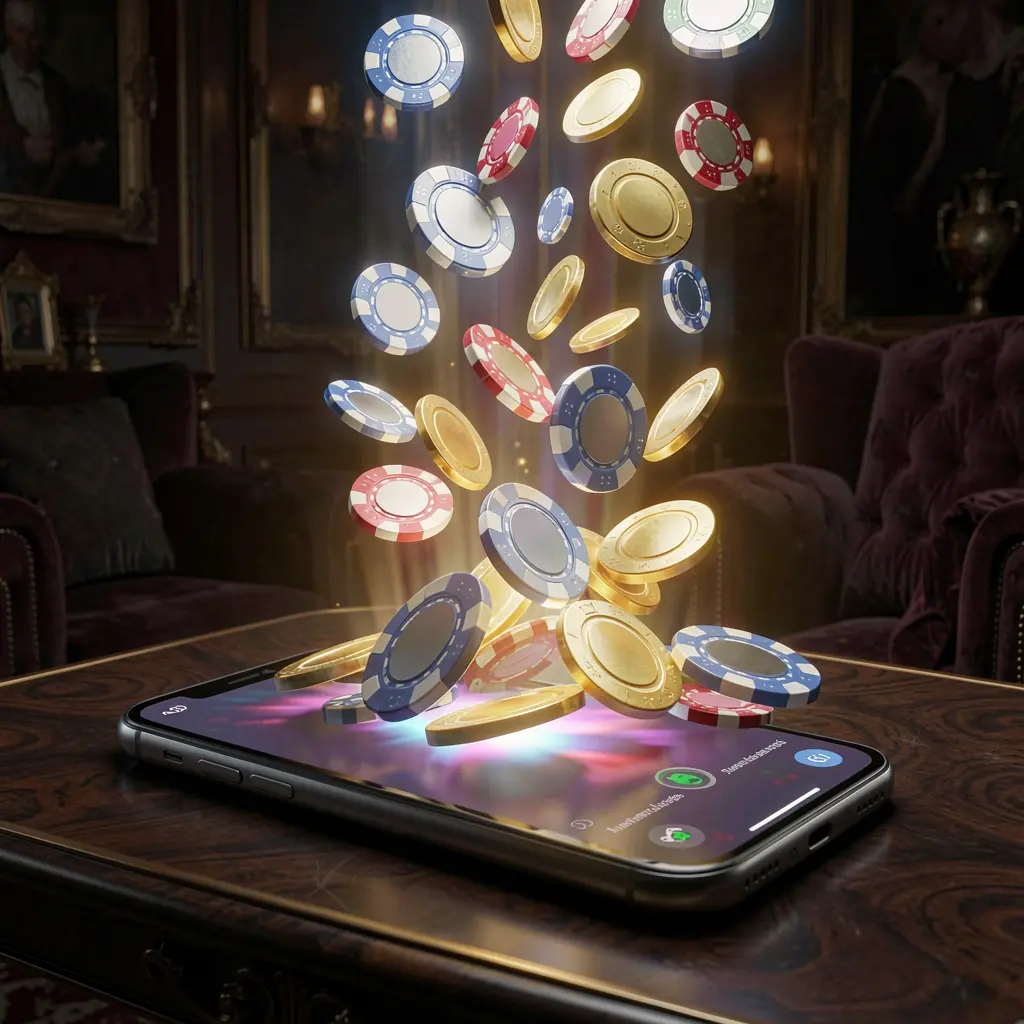EX66 online gaming app displayed on a smartphone screen glowing with casino chips and coins emerging, set against a luxury dark background with cinematic lighting in a high detail 3D render