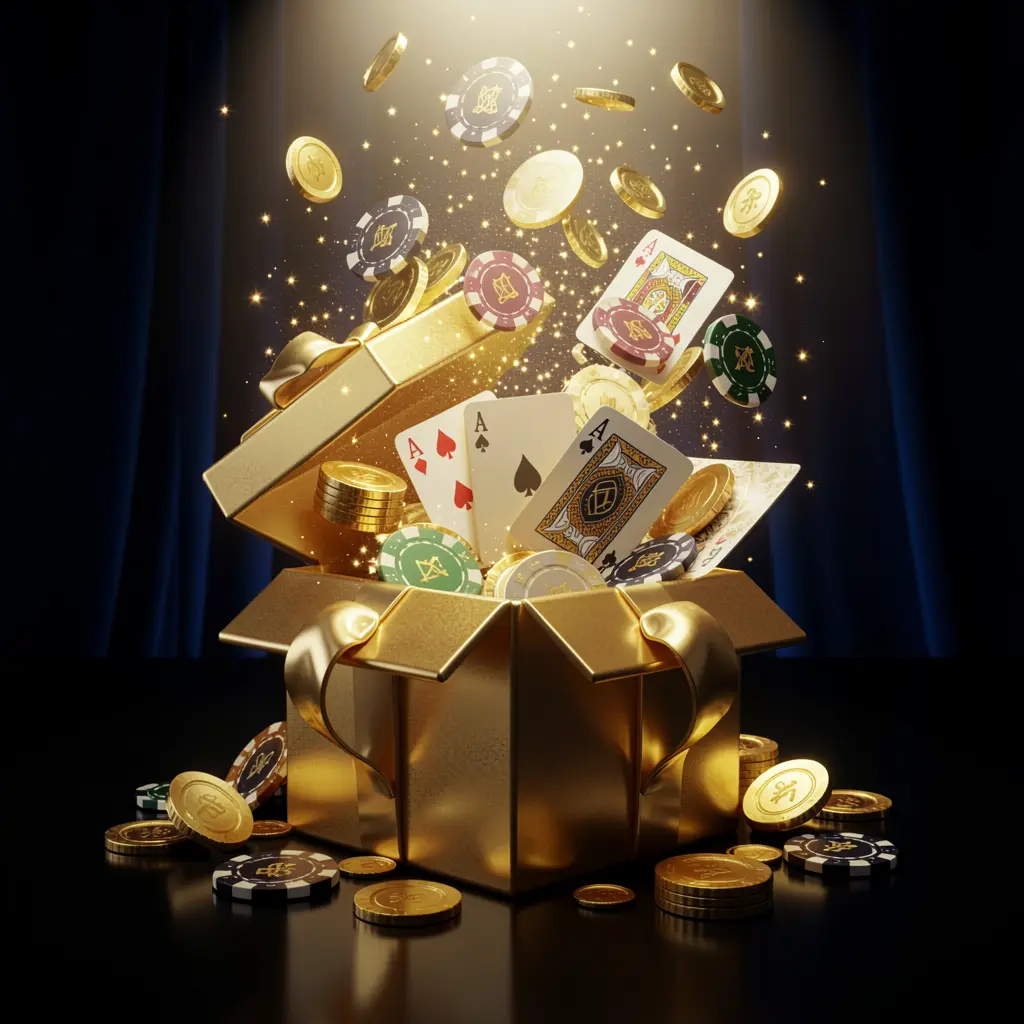 EX66 luxurious welcome bonus scene with an open golden gift box bursting with casino chips, playing cards, and sparkling coins against a premium dark blue and black background in an elegant festive mood