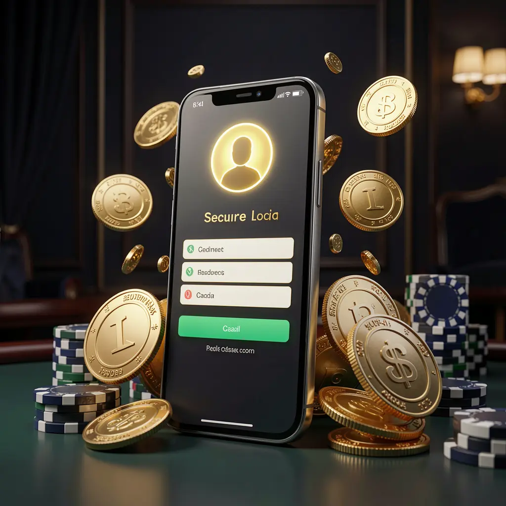 EX66 online casino login page hero banner featuring a modern smartphone with a secure login screen, glowing user profile icon, golden coins and poker chips surrounding it on a dark luxury background