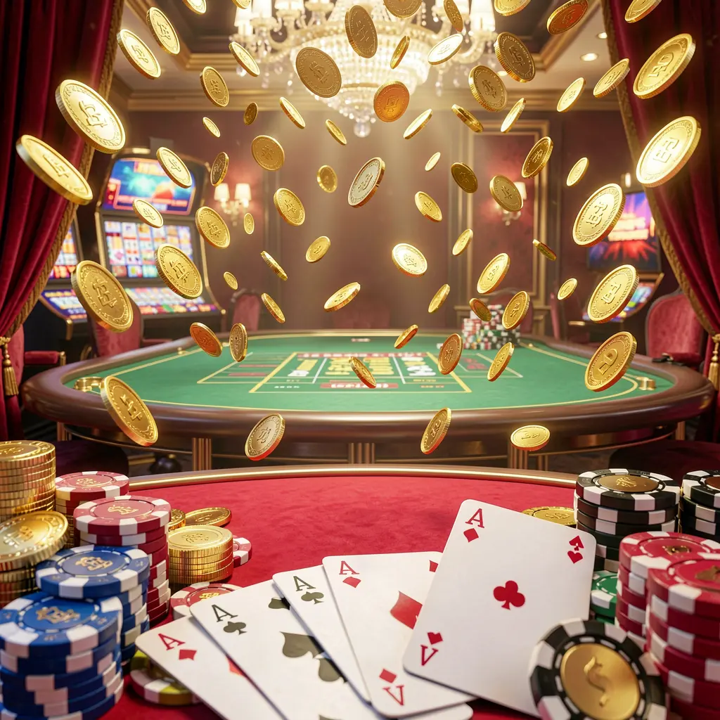 EX66 online gaming platform homepage banner featuring bright casino lights, golden coins raining, poker chips and playing cards in the foreground with a luxury red and gold atmosphere in a high detail 3D render
