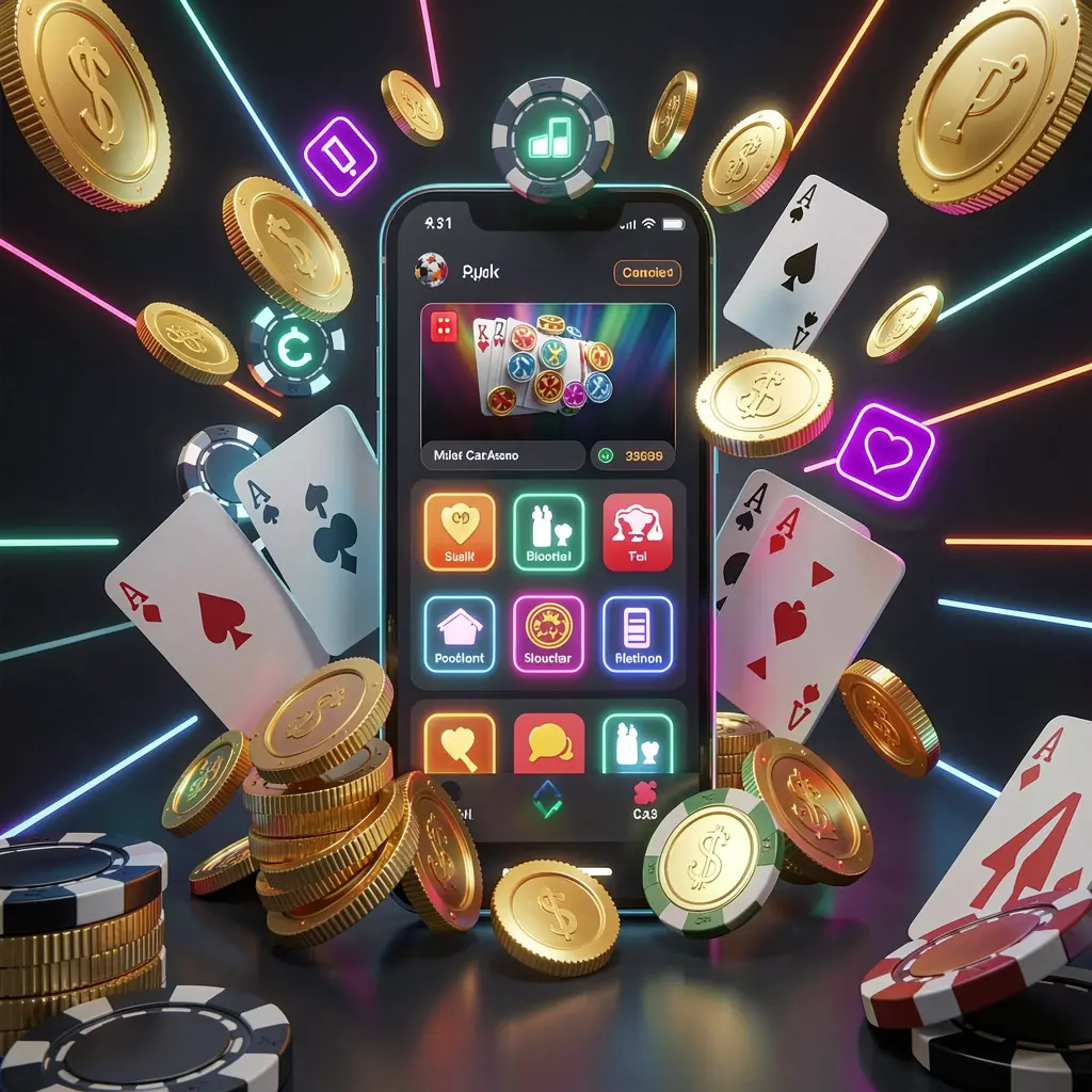 EX66 mobile casino homepage concept showing a smartphone surrounded by golden coins, chips, cards, and glowing icons on a modern dark background with neon accents